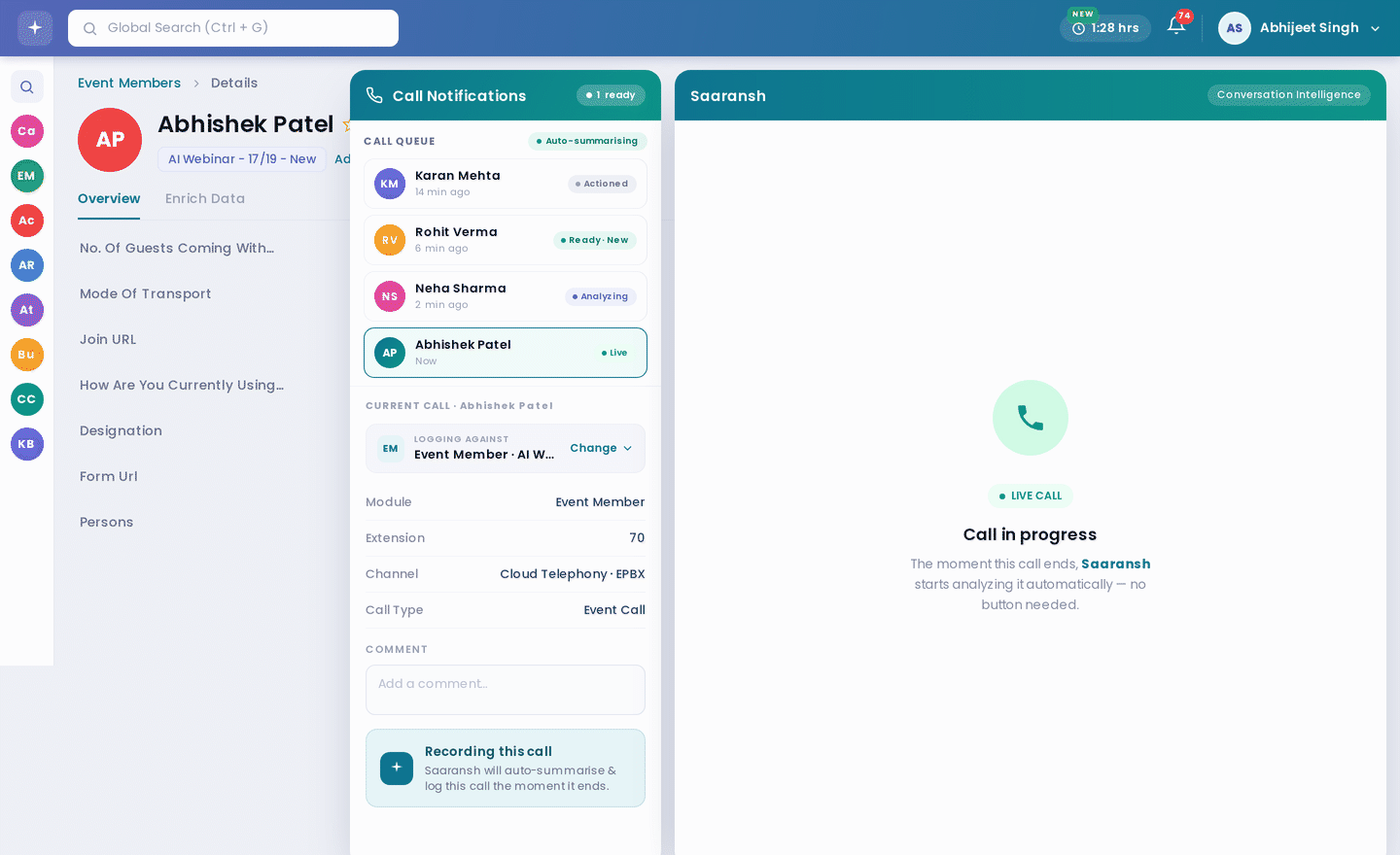 Saaransh inside Sanchay CRM — live call, AI summary, actions and WhatsApp/email follow-up drafts